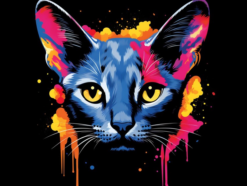 Colorful Cat Face Head Vivid Colors Pop Art Vector Illustrations Black Background (247)