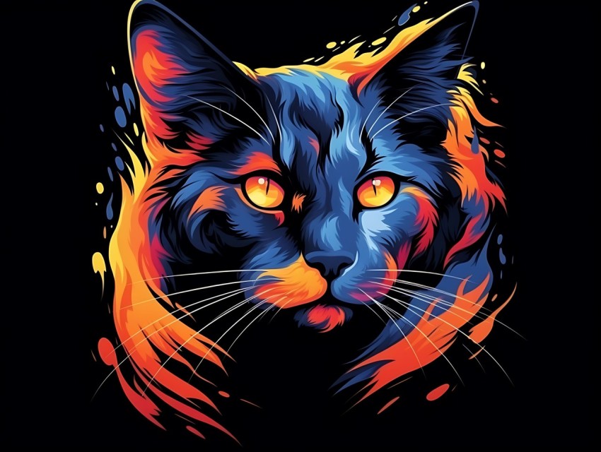 Colorful Cat Face Head Vivid Colors Pop Art Vector Illustrations Black Background (249)