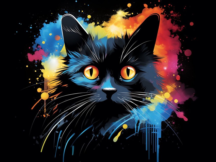 Colorful Cat Face Head Vivid Colors Pop Art Vector Illustrations Black Background (235)