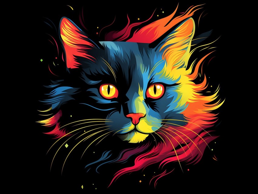 Colorful Cat Face Head Vivid Colors Pop Art Vector Illustrations Black Background (240)