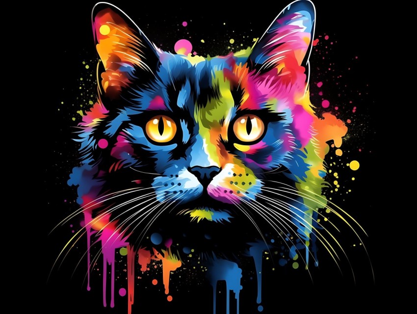 Colorful Cat Face Head Vivid Colors Pop Art Vector Illustrations Black Background (218)