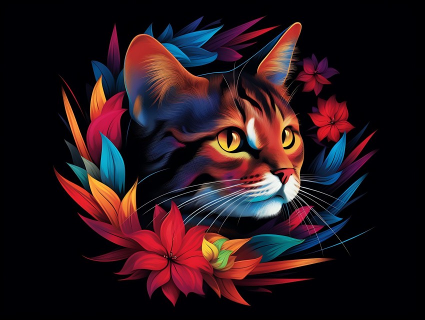 Colorful Cat Face Head Vivid Colors Pop Art Vector Illustrations Black Background (226)