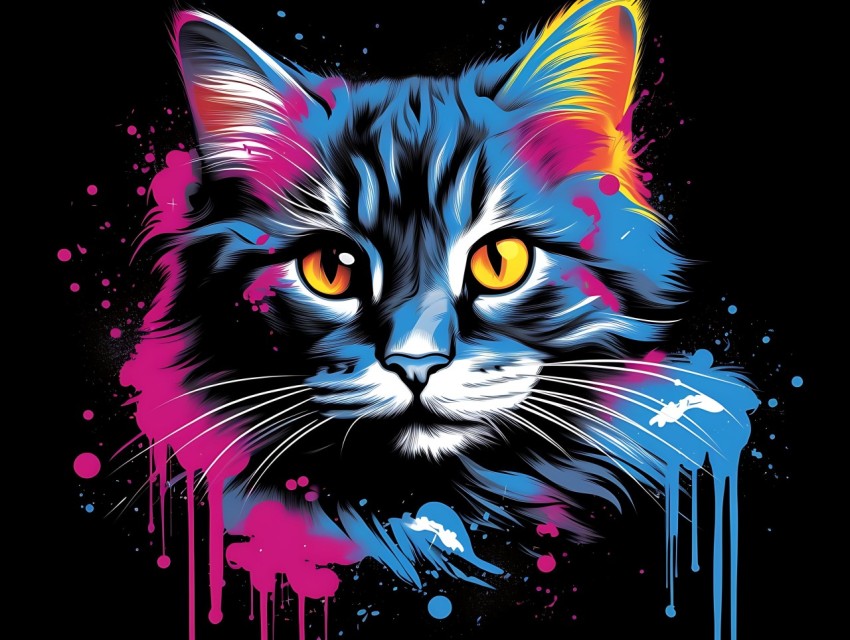 Colorful Cat Face Head Vivid Colors Pop Art Vector Illustrations Black Background (217)