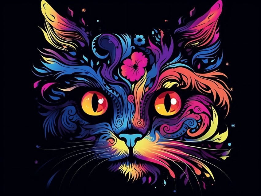 Colorful Cat Face Head Vivid Colors Pop Art Vector Illustrations Black Background (229)