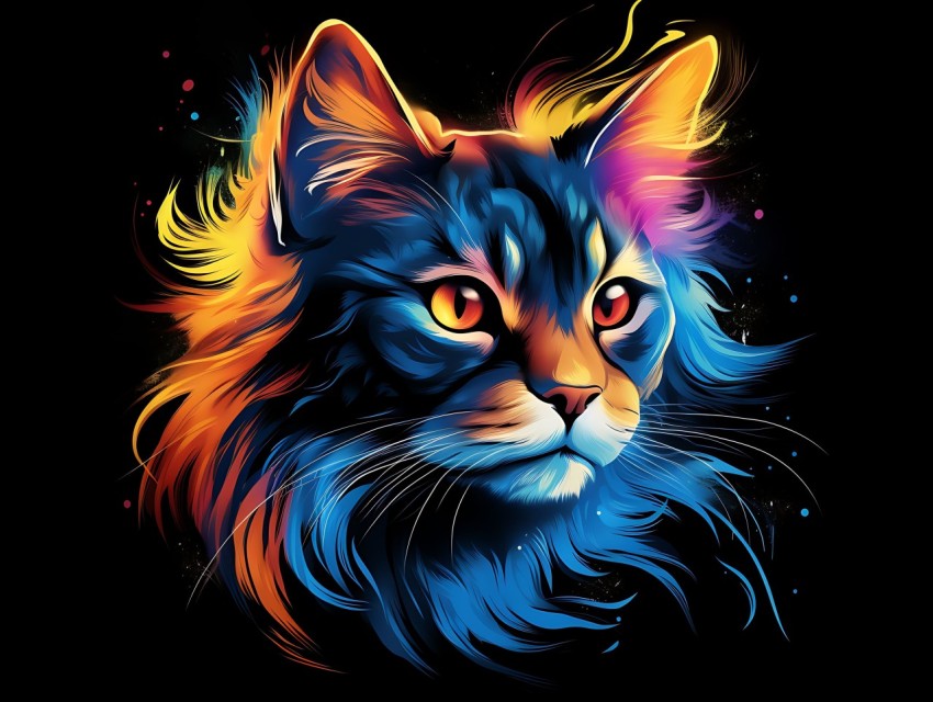 Colorful Cat Face Head Vivid Colors Pop Art Vector Illustrations Black Background (241)