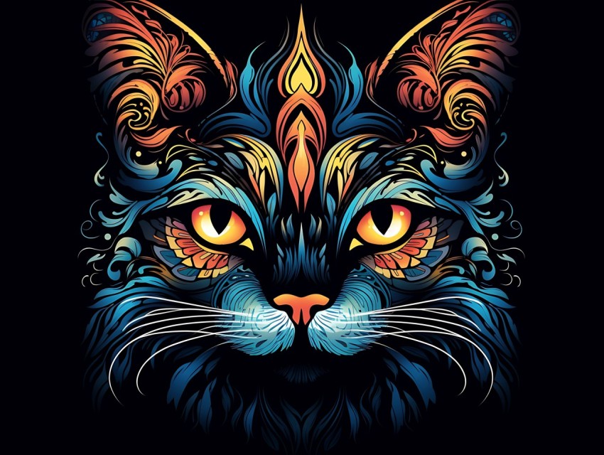 Colorful Cat Face Head Vivid Colors Pop Art Vector Illustrations Black Background (227)
