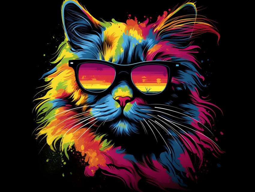 Colorful Cat Face Head Vivid Colors Pop Art Vector Illustrations Black Background (216)