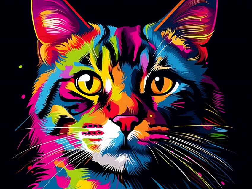 Colorful Cat Face Head Vivid Colors Pop Art Vector Illustrations Black Background (214)