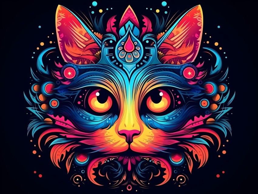 Colorful Cat Face Head Vivid Colors Pop Art Vector Illustrations Black Background (234)