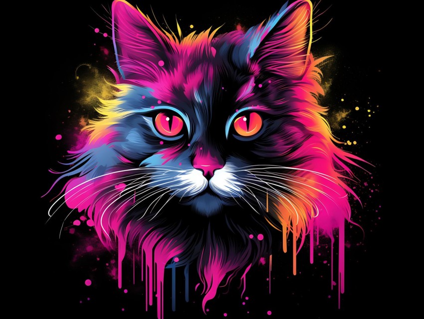Colorful Cat Face Head Vivid Colors Pop Art Vector Illustrations Black Background (207)