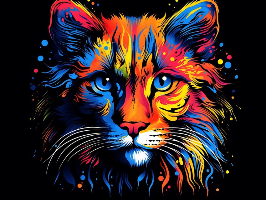 Colorful Cat Face Head Vivid Colors Pop Art Vector Illustrations Black Background (201)
