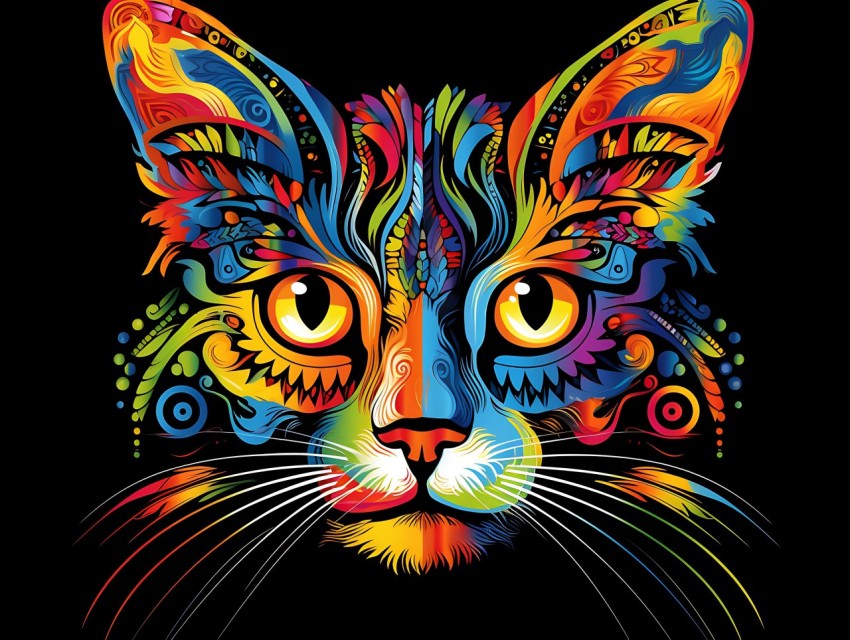 Colorful Cat Face Head Vivid Colors Pop Art Vector Illustrations Black Background (220)