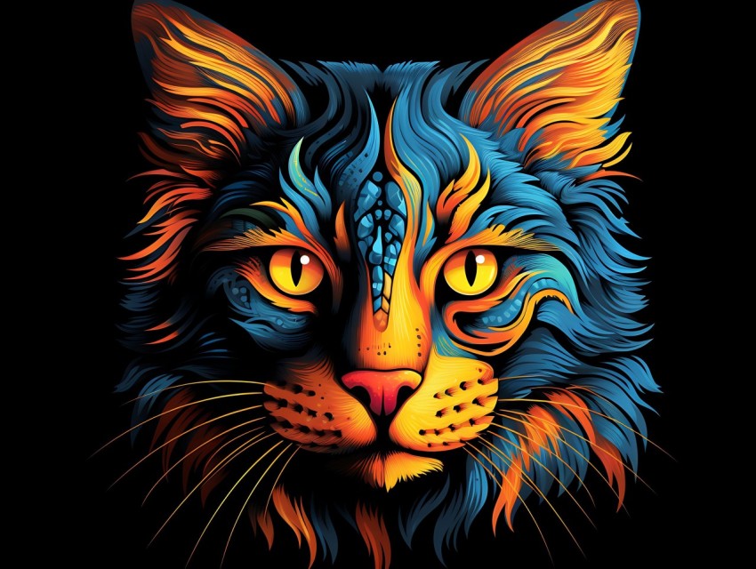 Colorful Cat Face Head Vivid Colors Pop Art Vector Illustrations Black Background (222)