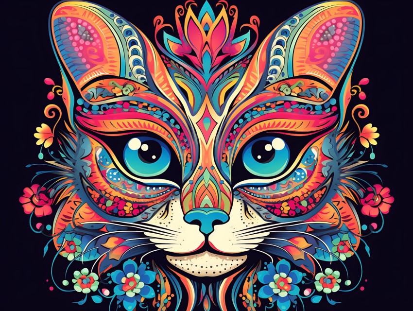 Colorful Cat Face Head Vivid Colors Pop Art Vector Illustrations Black Background (210)