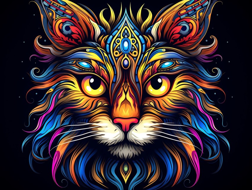 Colorful Cat Face Head Vivid Colors Pop Art Vector Illustrations Black Background (212)