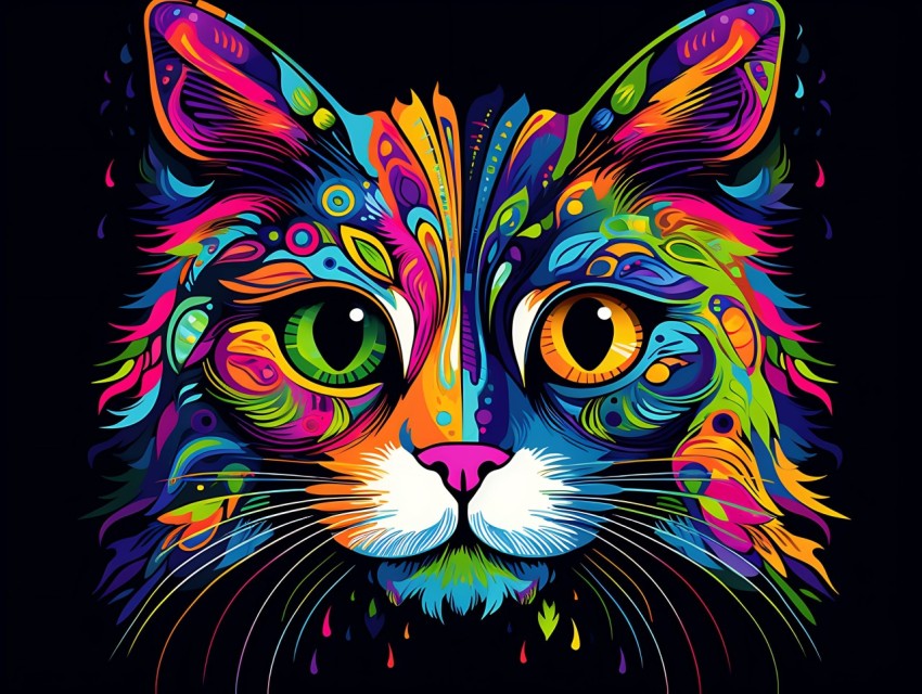 Colorful Cat Face Head Vivid Colors Pop Art Vector Illustrations Black Background (237)