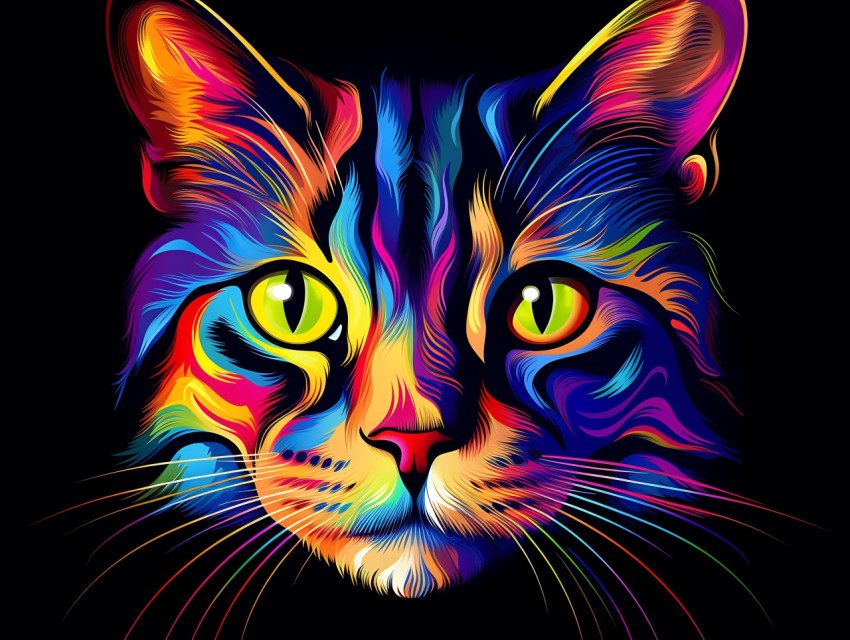 Colorful Cat Face Head Vivid Colors Pop Art Vector Illustrations Black Background (236)