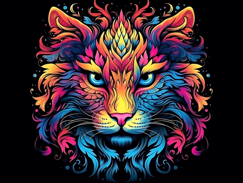 Colorful Cat Face Head Vivid Colors Pop Art Vector Illustrations Black Background (245)