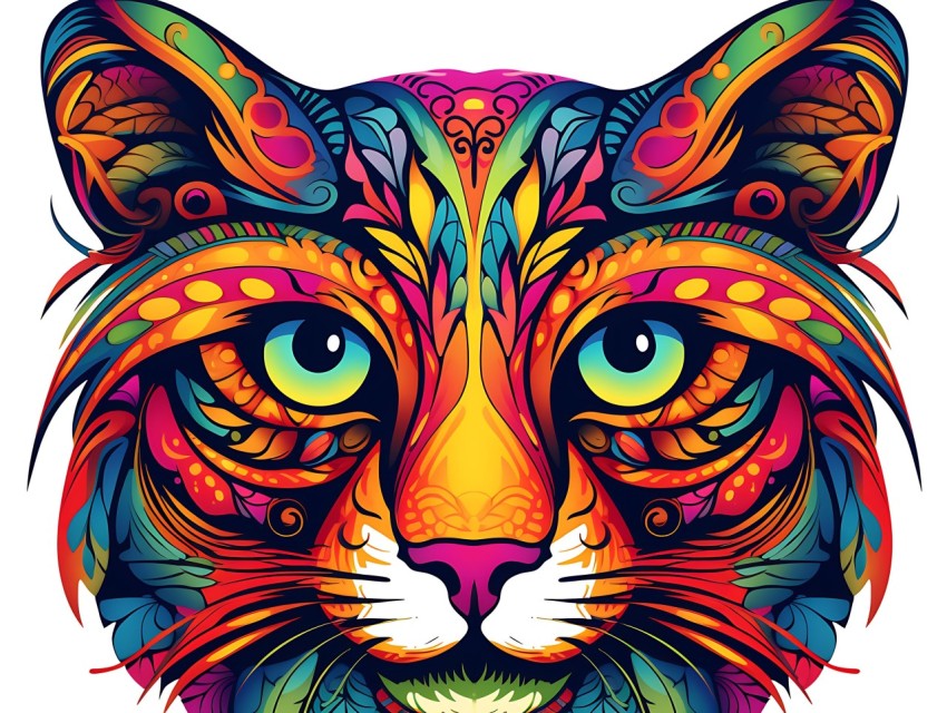Colorful Cat Face Head Vivid Colors Pop Art Vector Illustrations Black Background (238)