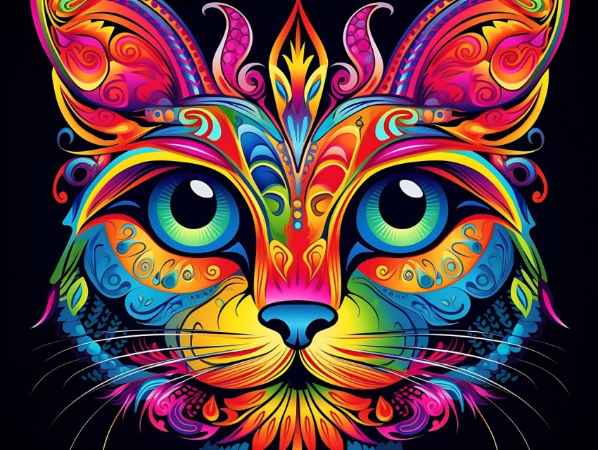Colorful Cat Face Head Vivid Colors Pop Art Vector Illustrations Black Background (232)
