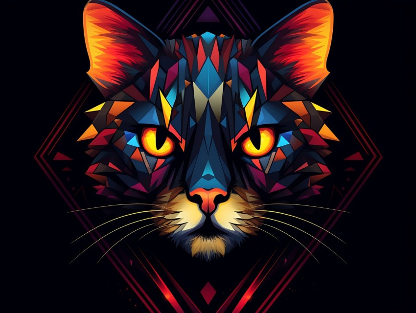 Colorful Cat Face Head Vivid Colors Pop Art Vector Illustrations Black Background (258)