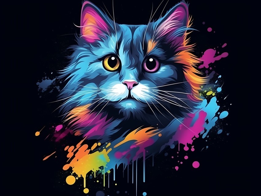 Colorful Cat Face Head Vivid Colors Pop Art Vector Illustrations Black Background (276)
