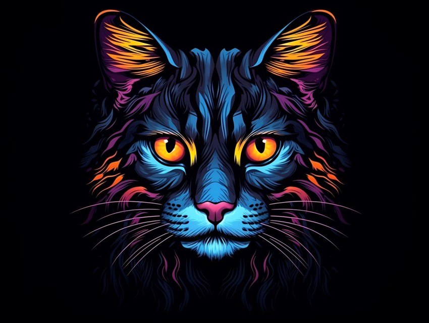 Colorful Cat Face Head Vivid Colors Pop Art Vector Illustrations Black Background (252)
