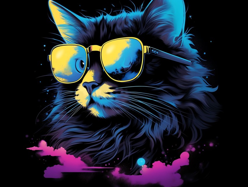 Colorful Cat Face Head Vivid Colors Pop Art Vector Illustrations Black Background (268)