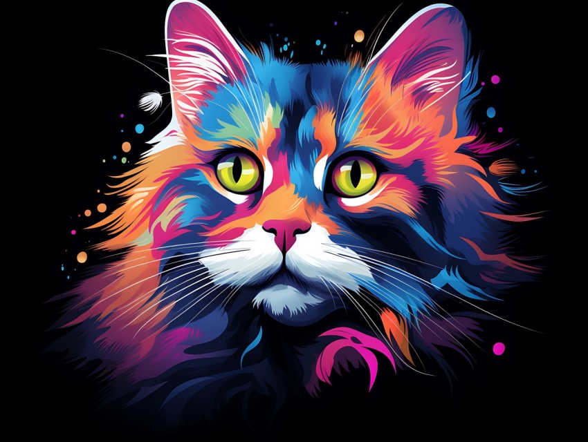 Colorful Cat Face Head Vivid Colors Pop Art Vector Illustrations Black Background (265)