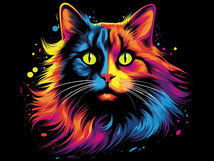 Colorful Cat Face Head Vivid Colors Pop Art Vector Illustrations Black Background (257)