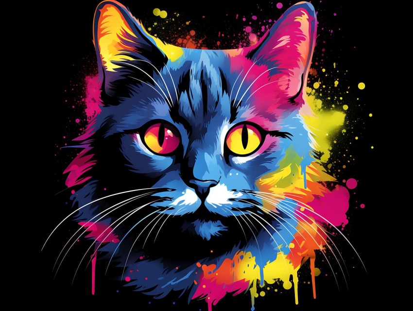 Colorful Cat Face Head Vivid Colors Pop Art Vector Illustrations Black Background (269)