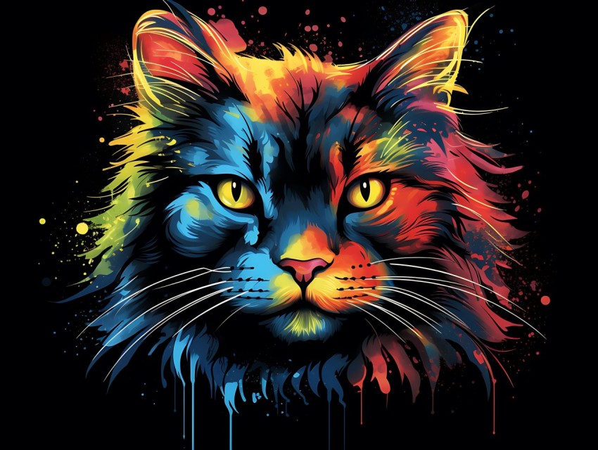 Colorful Cat Face Head Vivid Colors Pop Art Vector Illustrations Black Background (290)