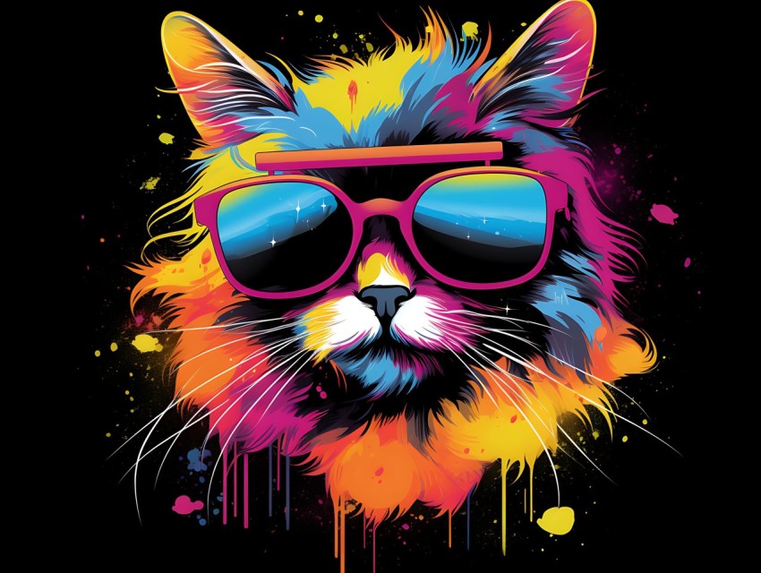 Colorful Cat Face Head Vivid Colors Pop Art Vector Illustrations Black Background (299)
