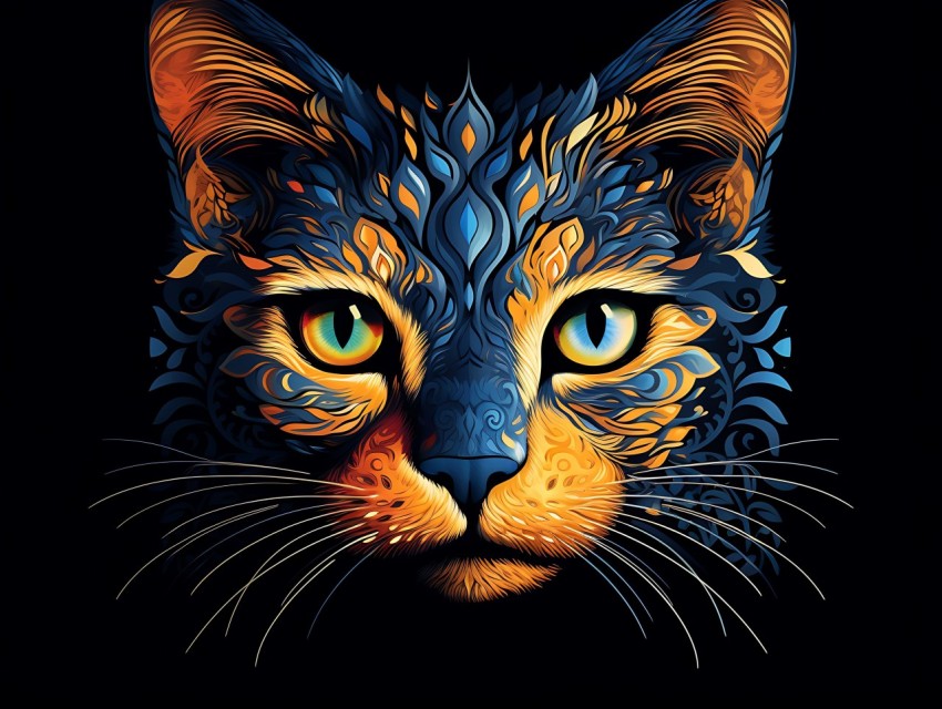 Colorful Cat Face Head Vivid Colors Pop Art Vector Illustrations Black Background (281)