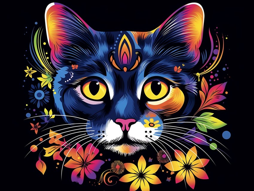 Colorful Cat Face Head Vivid Colors Pop Art Vector Illustrations Black Background (293)