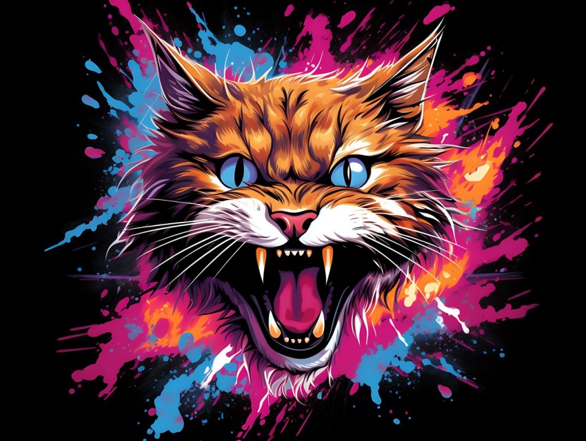Colorful Cat Face Head Vivid Colors Pop Art Vector Illustrations Black Background (278)