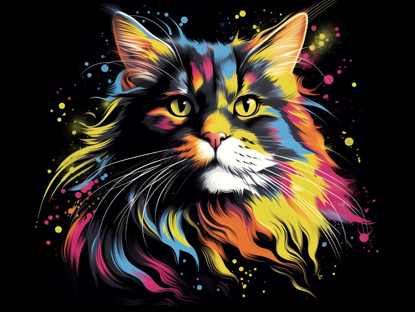 Colorful Cat Face Head Vivid Colors Pop Art Vector Illustrations Black Background (295)
