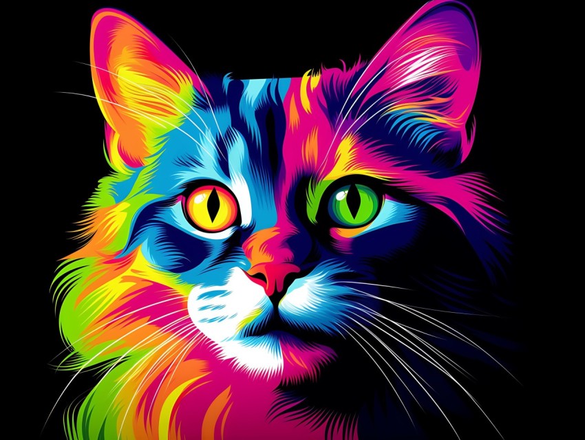 Colorful Cat Face Head Vivid Colors Pop Art Vector Illustrations Black Background (300)