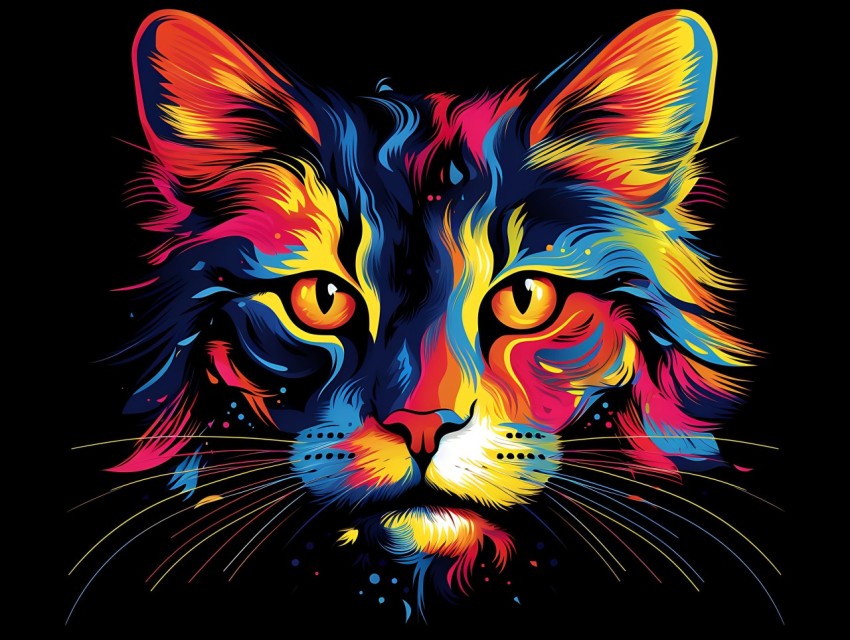 Colorful Cat Face Head Vivid Colors Pop Art Vector Illustrations Black Background (279)