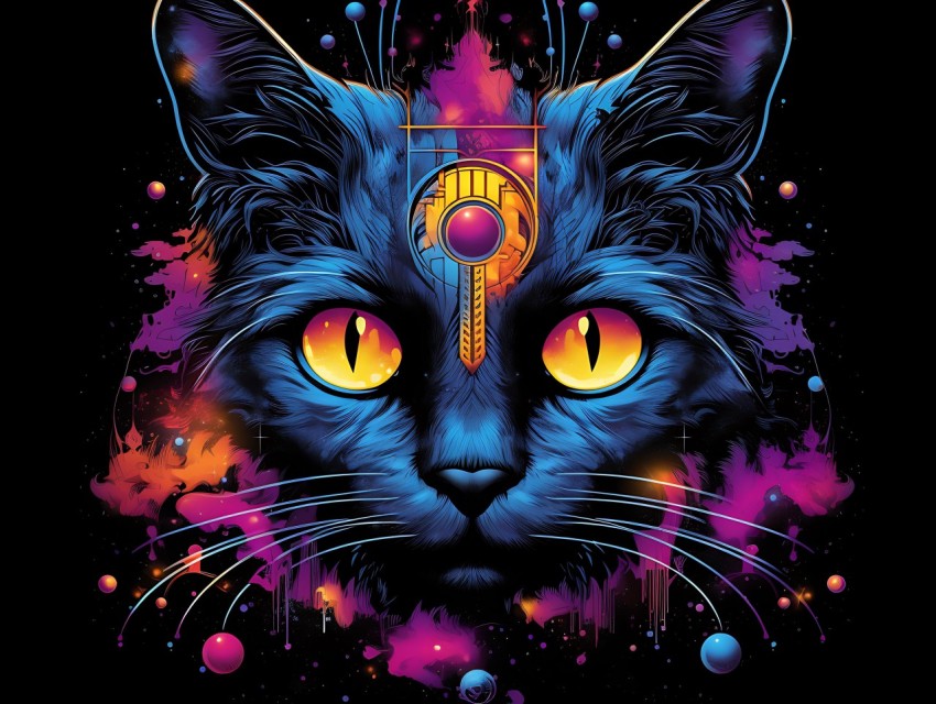 Colorful Cat Face Head Vivid Colors Pop Art Vector Illustrations Black Background (273)