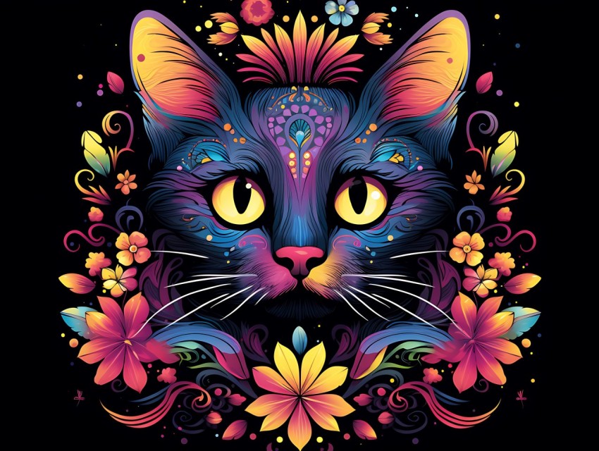 Colorful Cat Face Head Vivid Colors Pop Art Vector Illustrations Black Background (253)