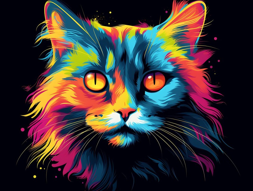 Colorful Cat Face Head Vivid Colors Pop Art Vector Illustrations Black Background (255)