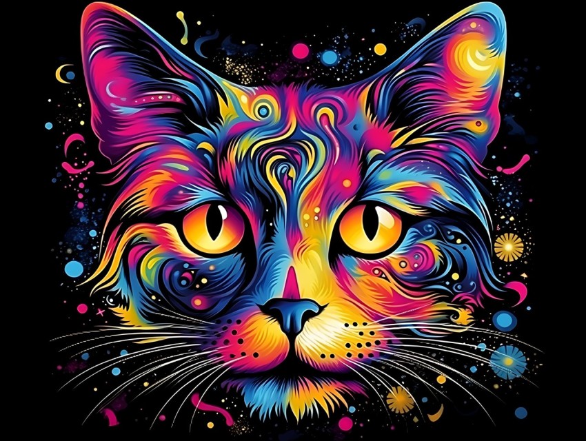 Colorful Cat Face Head Vivid Colors Pop Art Vector Illustrations Black Background (294)