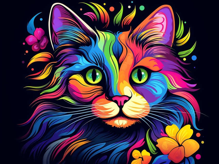 Colorful Cat Face Head Vivid Colors Pop Art Vector Illustrations Black Background (275)