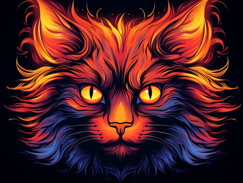 Colorful Cat Face Head Vivid Colors Pop Art Vector Illustrations Black Background (296)