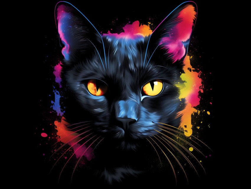 Colorful Cat Face Head Vivid Colors Pop Art Vector Illustrations Black Background (320)