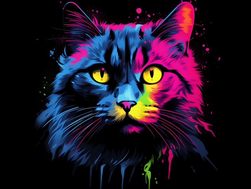 Colorful Cat Face Head Vivid Colors Pop Art Vector Illustrations Black Background (324)