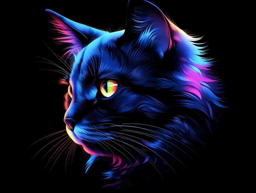 Colorful Cat Face Head Vivid Colors Pop Art Vector Illustrations Black Background (319)