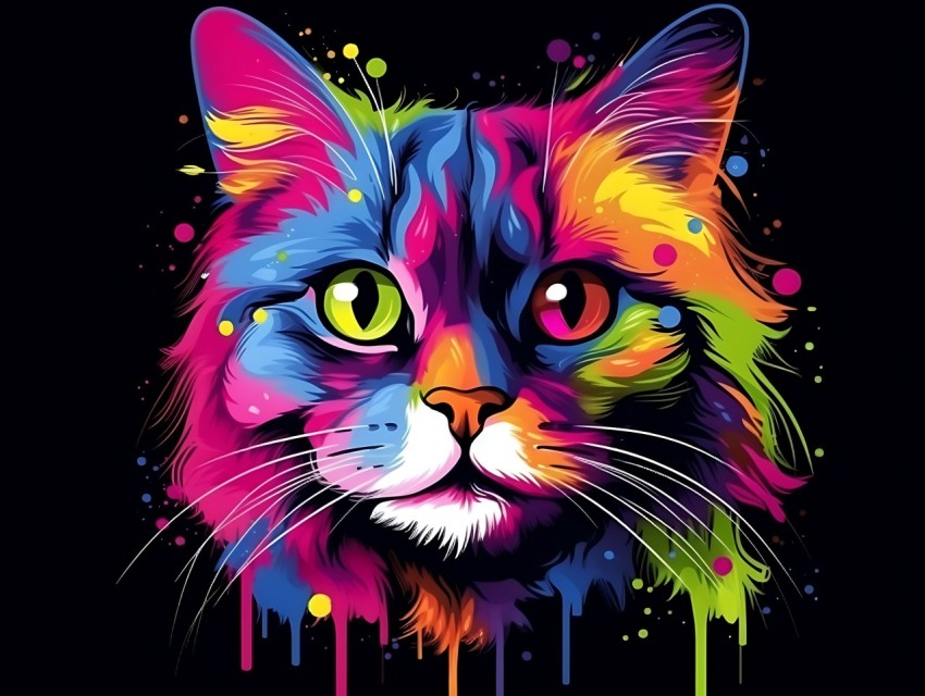 Colorful Cat Face Head Vivid Colors Pop Art Vector Illustrations Black Background (308)