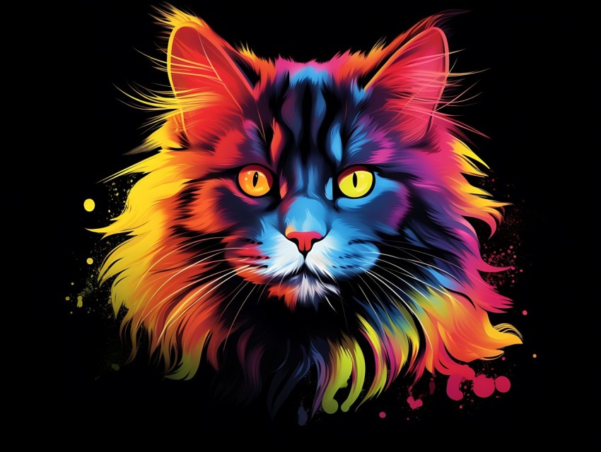 Colorful Cat Face Head Vivid Colors Pop Art Vector Illustrations Black Background (343)